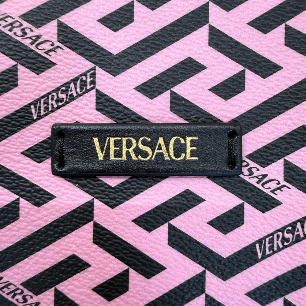 Versace La Greca Signature Shoulder Bag Pink Black Canvas Gold Metal Authentic - Picture 7 of 16